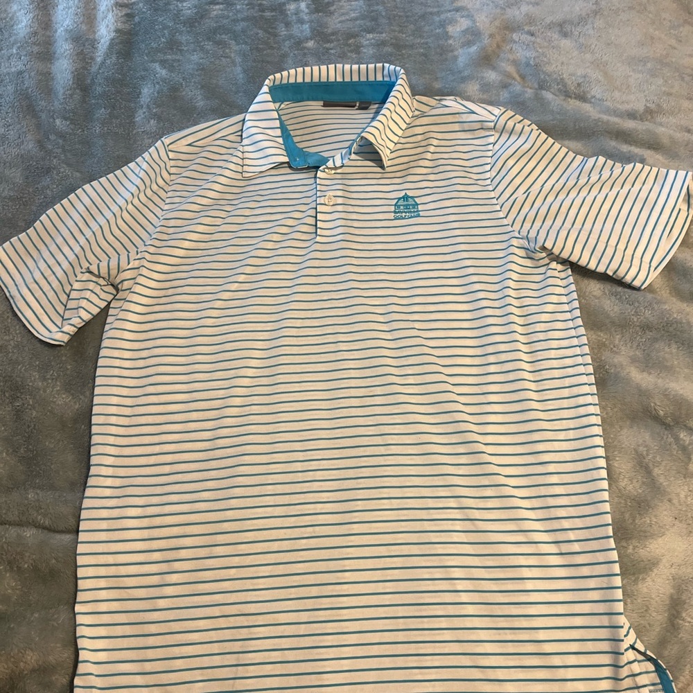 Ashworth Blue and White Polo Shirt with Stripes Bayville Golf Club Logo